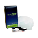 Starter Kit For Weldcap Series box and white helmet with black strap.