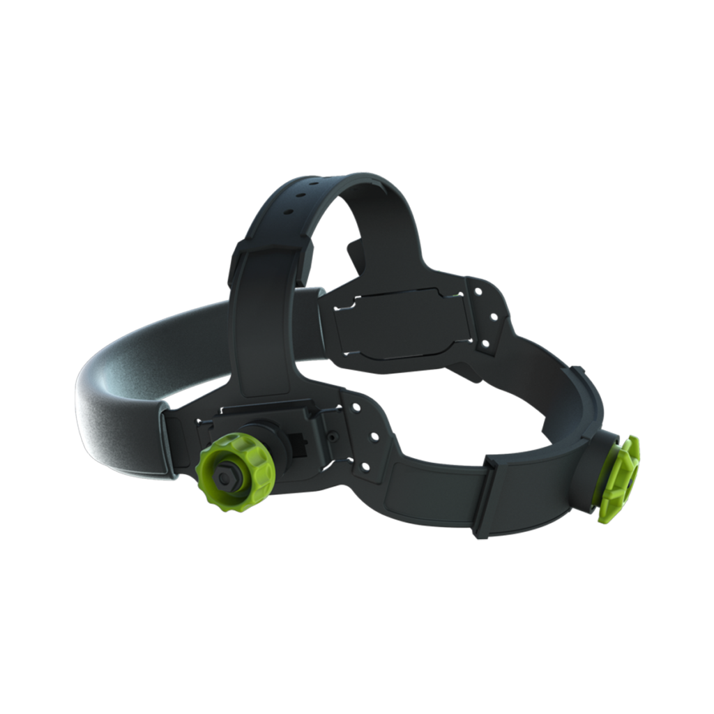 Headgear Black With Green Knobs fits into any Optrel helmet. Headgear fits up to 55 cm head circumference.