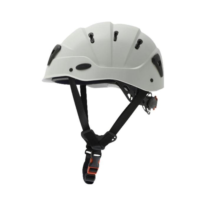 Kong Hard Hat (White) with black chin straps and orange lock clip.