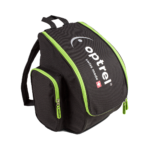 Optrel Helmet Black Backpack with two side pockets highlighted with green zippers. The Optrel logo and brand is printed on the center.