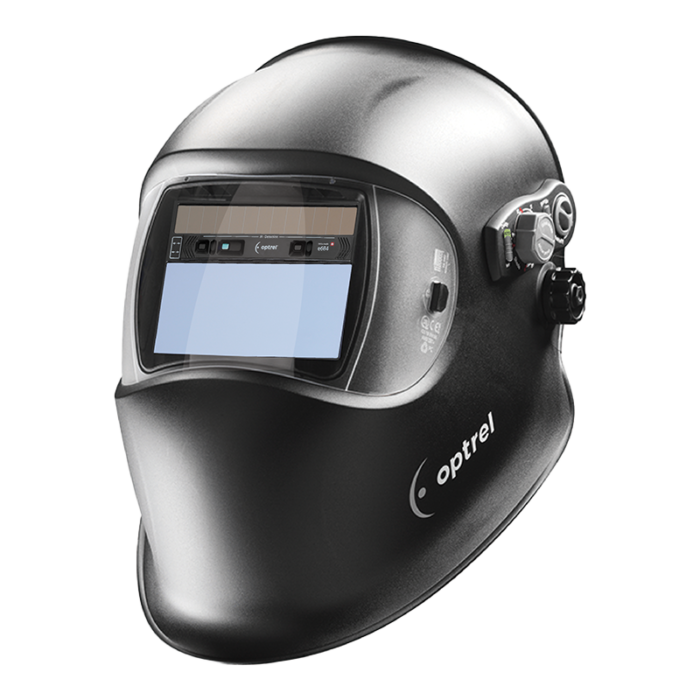 Optrel E684 (Black) welding helmet with black and grey adjustable knobs, and Optrel logo on the side.