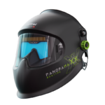 The Optrel Panoramaxx Quattro (black) welding helmet with green knob, optrel logo on the forefront, and Panoramaxx Quattro logo on the side.