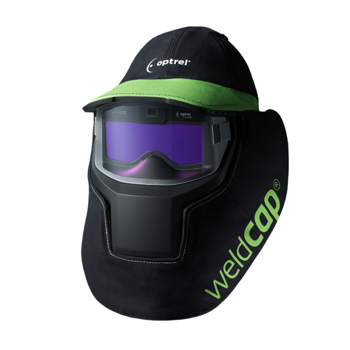View of the Weldcap welding helmet with optrel logo on the cap and product name on the side.