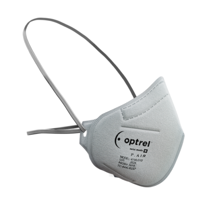 Optrel P.Air N95 Masks White (400 pack) with Optrel logo in black, and white strap.