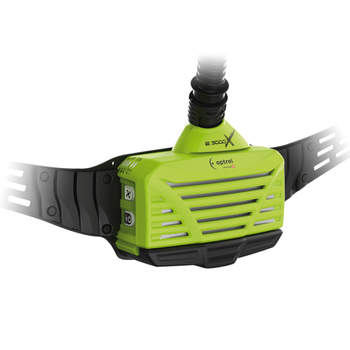 The e3000x PAPR with green respirator box and black strap belt, compatible with Optrel PAPR mask.
