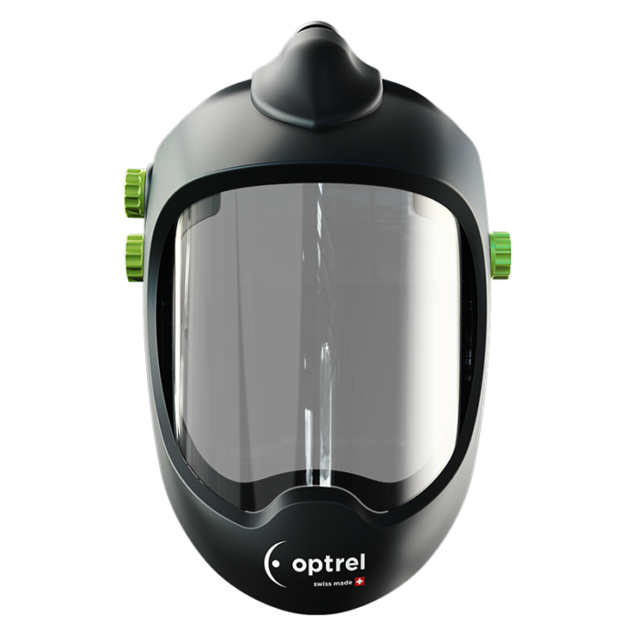 Front view of Optrel Clearmaxx PAPR welding helmet with green adjustable knobs, and Optrel logo.