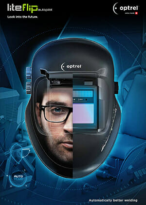 Optrel Liteflip Autopilot product brochure cover featuring the Optrel Liteflip Autopilot welding helmet on the center, and the brand and logo on the top-left corner.