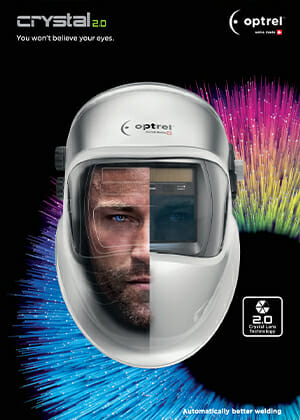 Crystal 2.0 Manual Brochure Cover featuring the Crystal 2.0 welding helmet on the center, Crystal 2.0 logo and tagline on the upper left.