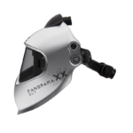 Side view image of Panoramaxx CLT (Silver) PAPR with adjustable knob and Panoramaxx CLT logo, and belt strap at the back