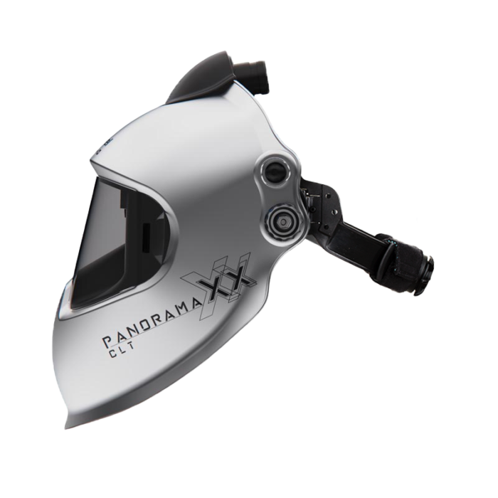 Side view image of Panoramaxx CLT (Silver) PAPR with adjustable knob and Panoramaxx CLT logo, and belt strap at the back