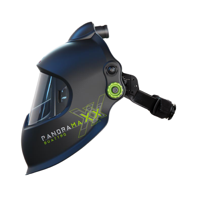 The Optrel Panoramaxx Quattro welding helmet with adjustable knob on the side and belt strap at the back.