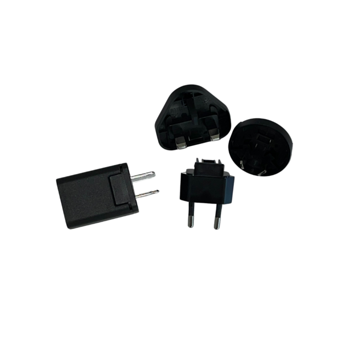 Optrel USB Charger with US/EU plug adapters (version 2) - with nose of the adapters tilted downward.