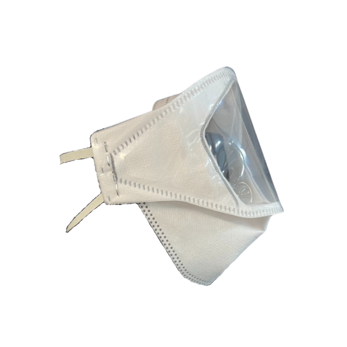 P.Air Clear N95 Respirator Mask (white ) folded into half with straps.